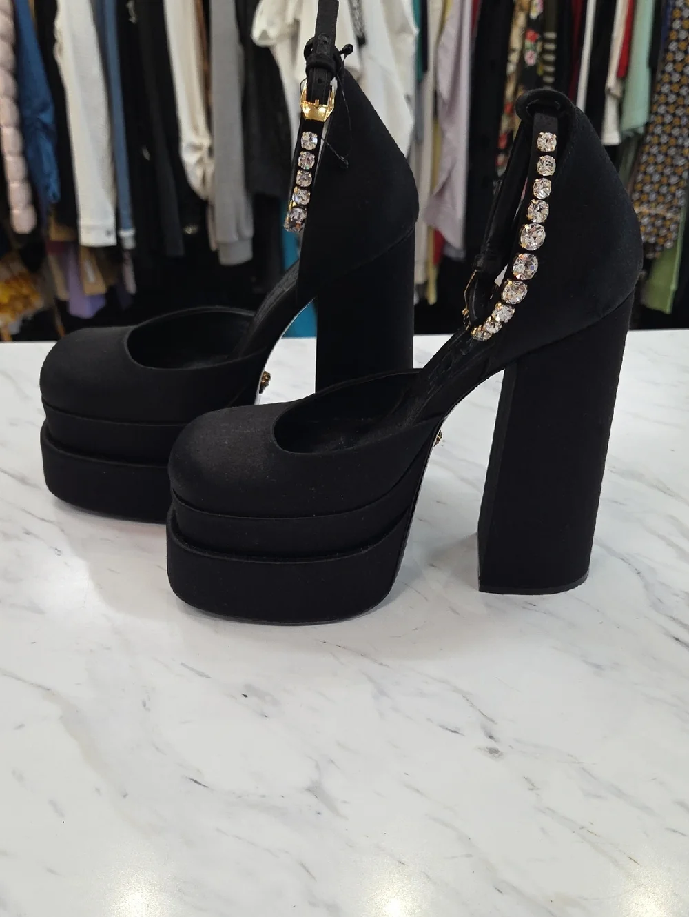 Versace Black Suede Platform Pumps with Crystal Ankle Strap
